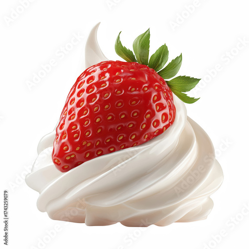 Realistic fresh strawberry dipped in smooth white cream swirl, isolated on transparent background
