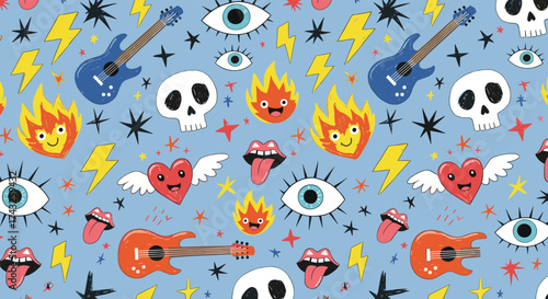Rock and Roll Pattern with Skulls Guitars and Flames.