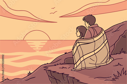 A couple wrapped in a blanket watching the sunset at the sea coast