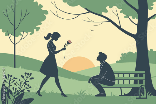 Woman giving a rose to a man sitting on a bench in a park with trees and sunset