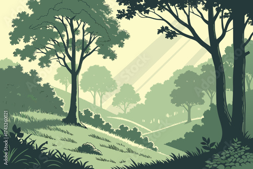 Green forest landscape with trees, grass, hills, and sunlight shining through trees