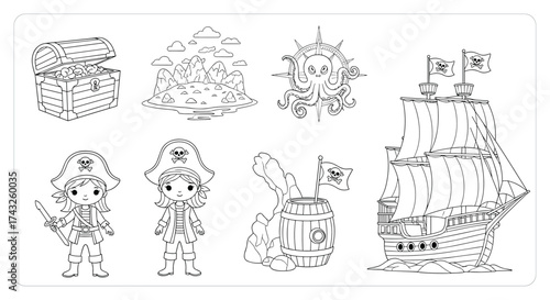 Collection of Pirate Themed Line Art Elements for Coloring and Design.