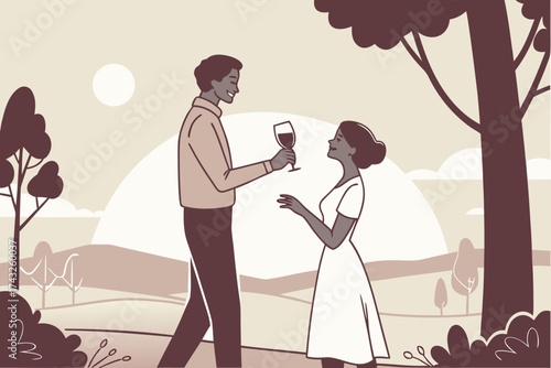 A couple enjoying a glass of wine in a romantic outdoor setting at sunset