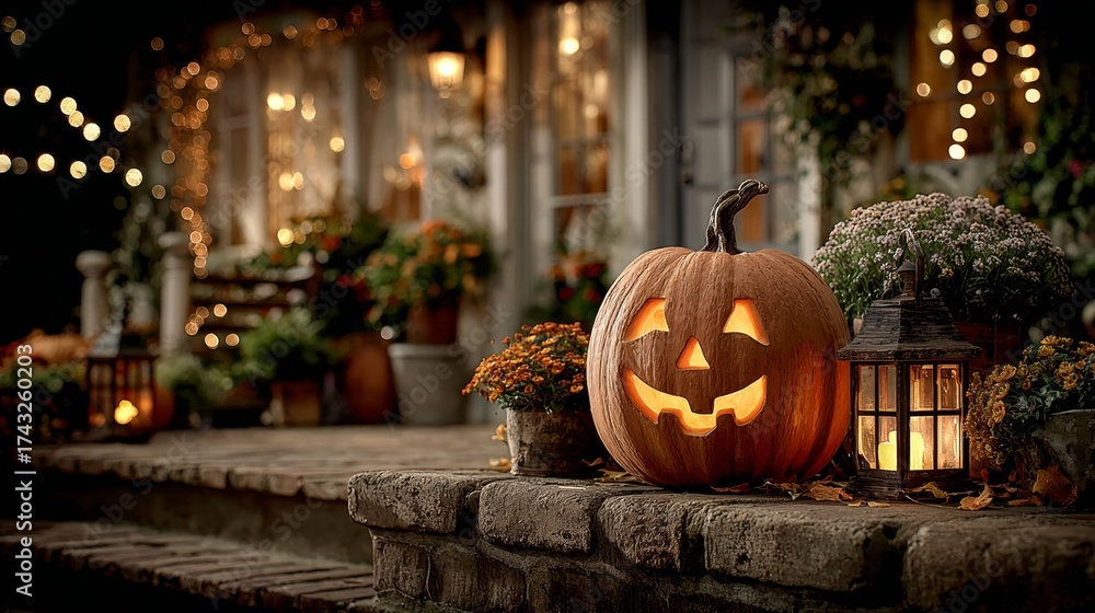 Obraz premium Autumn's magical fireplace: illuminating joy with a pumpkin smile. Creative concept. Harvest glow: jack o lantern and fairy lights on a cozy fireplace. Grotesque style. Surreal composition.