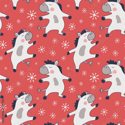 Seamless New Year's pattern. Two dancing horses. Red background with snowflakes