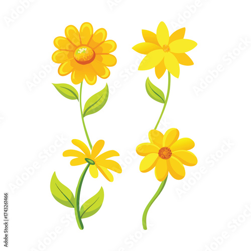 Vector illustration Two yellow cartoon flowers with green stems and leaves graphic