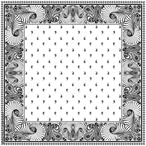 Bandana paisley square ethnic floral hand drawn pattern.Ornament classic vintage vector elements black on white background.Design for scarf,headscarf,kerchief,hijab,tablecloth,print fabric,decoration.