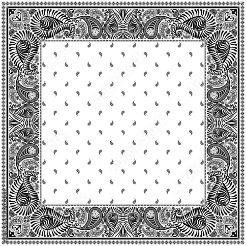 Bandana paisley square ethnic floral hand drawn pattern.Ornament classic vintage vector elements black on white background.Design for scarf,headscarf,kerchief,hijab,tablecloth,print fabric,decoration.