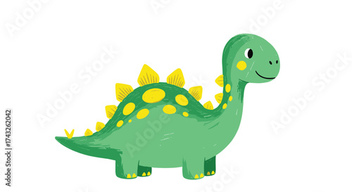 Cute green dinosaur with yellow spots and spikes.