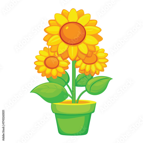 Vector illustration Three yellow sunflowers in a green pot with green leaves orange