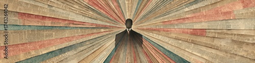 Abstract figure with newspaper backdrop in monochrome
