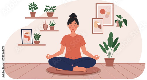 A tranquil flat design illustration showing a young woman engaged in peaceful meditation, enhanced by music, within a beautifully decorated and cozy corner of her room. 