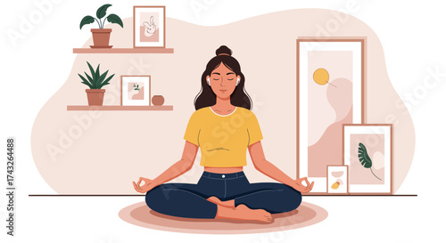 A tranquil flat design illustration showing a young woman engaged in peaceful meditation, enhanced by music, within a beautifully decorated and cozy corner of her room. 
