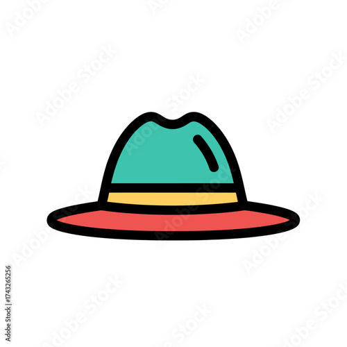 Stylish Fedora Hat with Teal Crown and Red Band, Vector Illustration