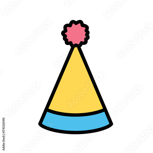 Vibrant yellow and blue conical party hat with a fluffy pink pompom, perfect for festive celebrations and joyous events