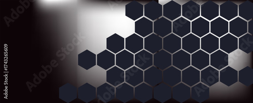 Dark gray and red horizontal hexagonal technology abstract vector background. Red bright energy flashes under the hexagon in a wide banner of futuristic modern technology. vector