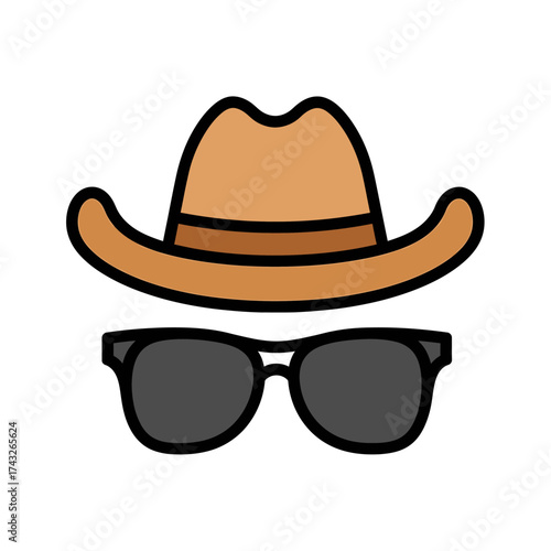 Simple flat icon illustration of a cowboy hat and sunglasses for disguise or western concepts