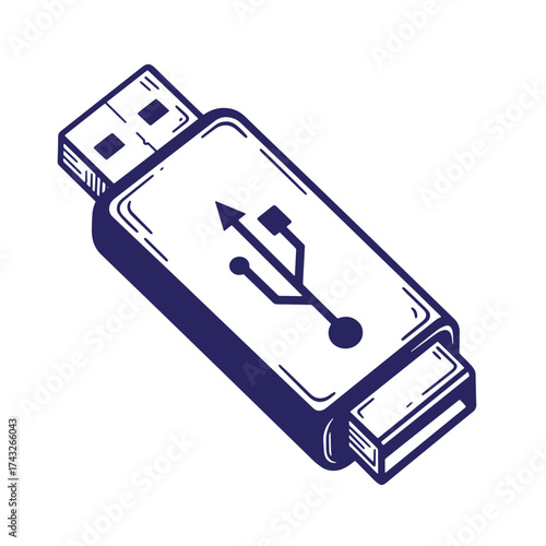 Isometric illustration of a vintage usb flash drive isolated on white background