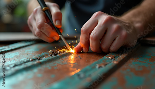 Hands using a tool for metalworking and sparks flying in workshop - Concept of Roof repair  