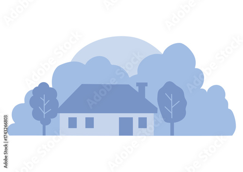 Abstract house illustration with chimney and trees. Simple suburban property design. Flat style residential building for background graphics.