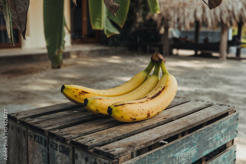 Fresh Yellow Bananas on Rustic Wooden Crate: Tropical Harvest for Healthy Eating & Natural Nutrition