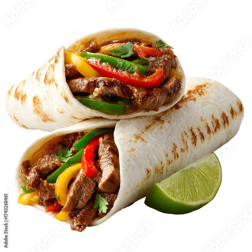 Delicious wraps with filling of meat peppers and herbs against a transparent background