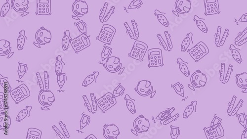 A whimsical light purple background pattern with hand-drawn dark purple doodles of calculators, fish, carrots, chopsticks, and rabbit heads, creating a playful scattered design.