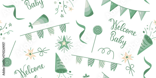 Seamless pattern for baby gender reveal. Cute vector background with green confetti, bunting, and sweets.