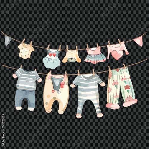 Baby fashion clothing set illustration of cotton socks and underwear garment hanging on a laundry line