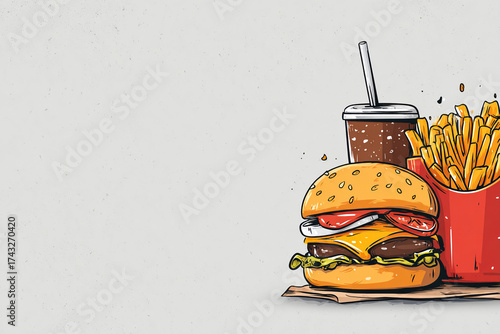 Illustration of Fast Food Meal with Burger, Fries, and Drink