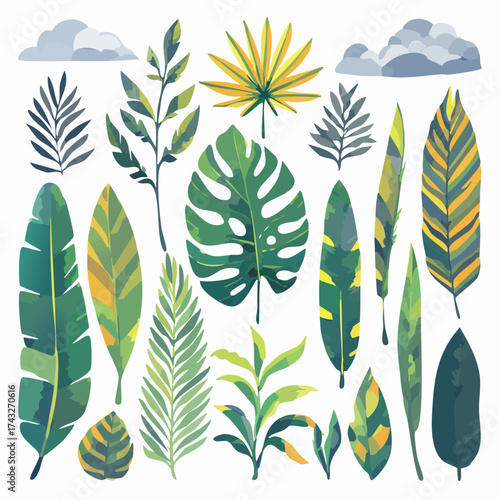 Collection of various tropical leaves and clouds in a watercolor style