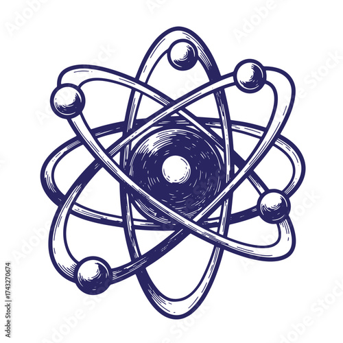 Vintage engraved illustration of an atom depicting orbital paths and nucleus structure