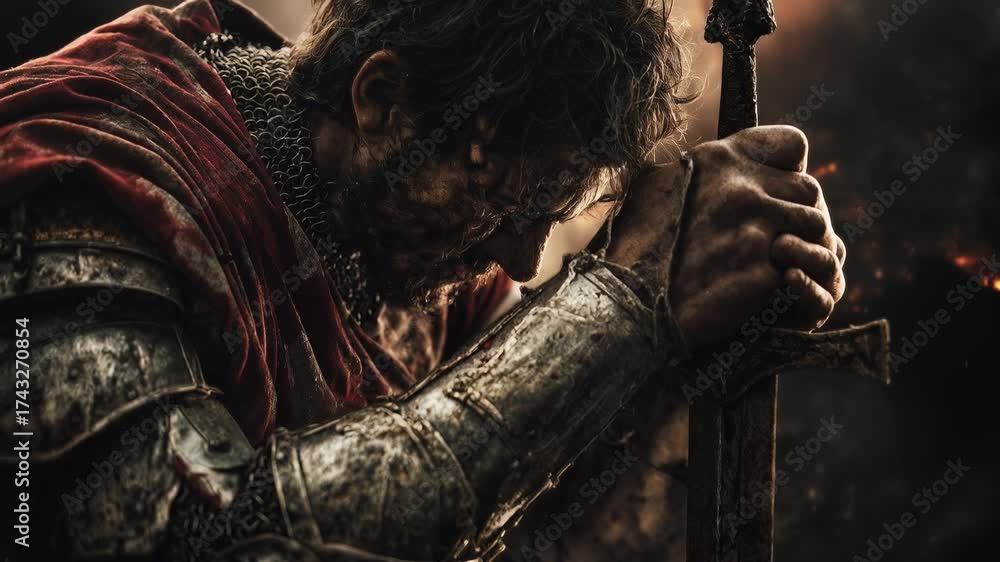 custom made wallpaper toronto digitalBattle-weary knight kneeling over sword in smoky battlefield, representing endurance, faith, and the timeless symbol of courage and redemption.