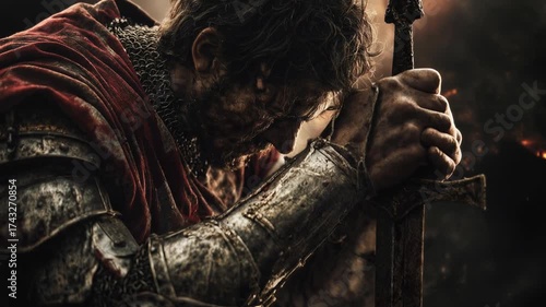 Battle-weary knight kneeling over sword in smoky battlefield, representing endurance, faith, and the timeless symbol of courage and redemption.