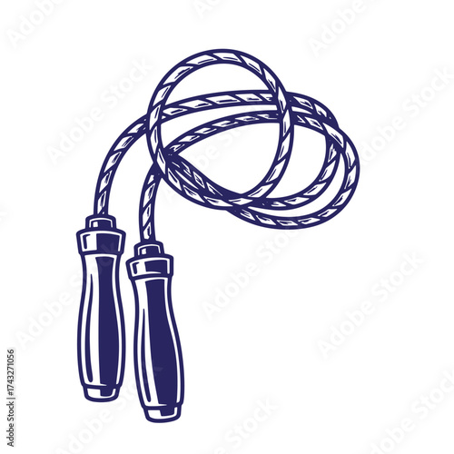 Vintage hand drawn illustration of a blue and white jump rope on a plain background