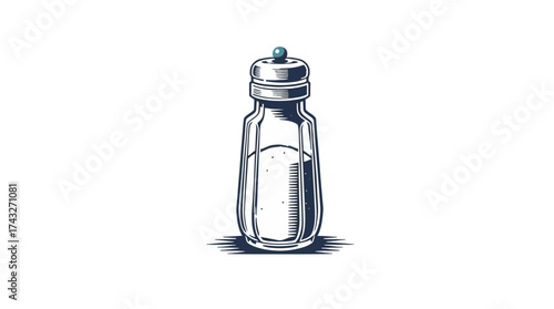 A detailed illustration of a transparent glass salt shaker, containing salt, on a white background.