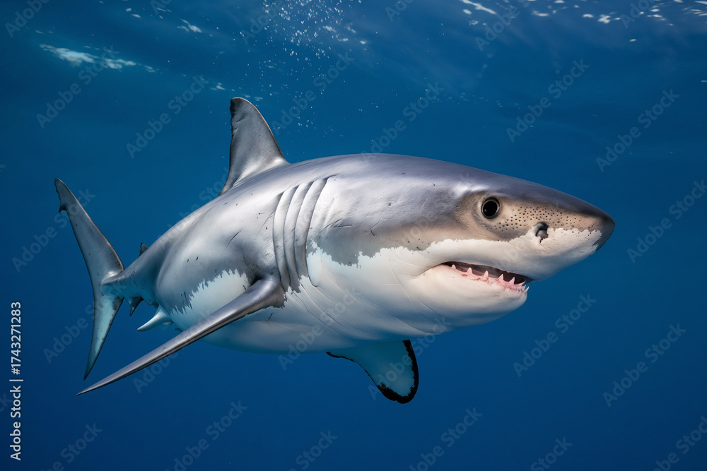 Fototapeta premium Great White Shark navigating clear ocean depths.