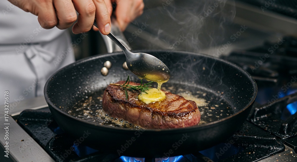 Fototapeta premium Professional chef basting a prime beef steak with butter.