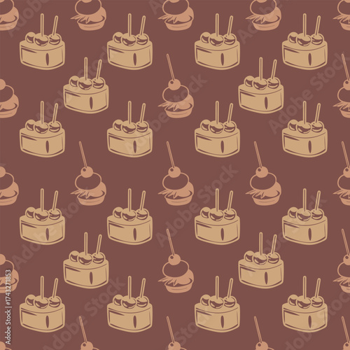 Vector seamless pattern with hand drawn cakes and cupcakes on brown background for packaging textile or wallpaper