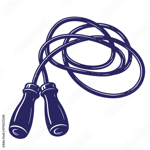 Vintage hand drawn illustration of a navy blue jump rope for exercise and fitness