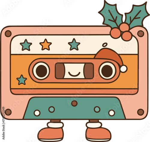 Retro cassette tape Design, Groovy Retro Christmas Clipart, Retro Xmas Sublimation, Groovy Holiday illustration