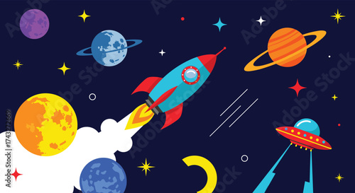 Colorful Space Rocket Adventure with Planets and Stars.