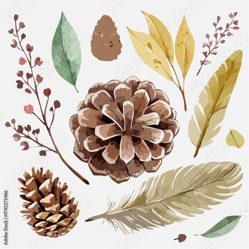Artistic watercolor set depicting the enchanting allure of autumn, featuring a harmonious blend of earthy pinecones, rich foliage, and subtle feathers, ideal for cozy fall themes