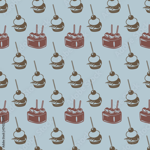 Vector seamless pattern with slices of cake and cupcakes on blue background for wrapping paper and textile design