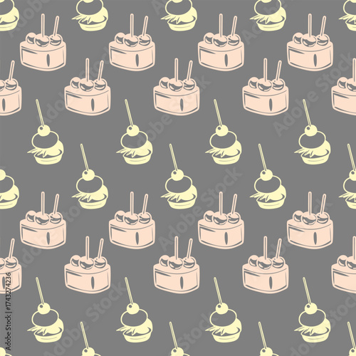 Vector seamless pattern with sweet cakes and cupcakes on gray background for wrapping paper textile and kitchen design