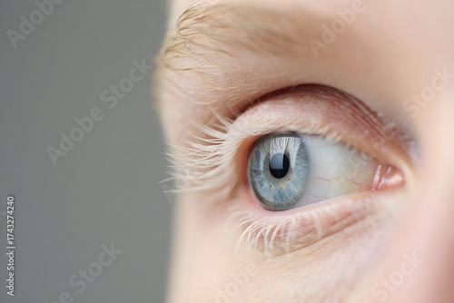 Macro albino close-up of blue human eye with detailed iris texture and natural white eyelashes — medical vision concept