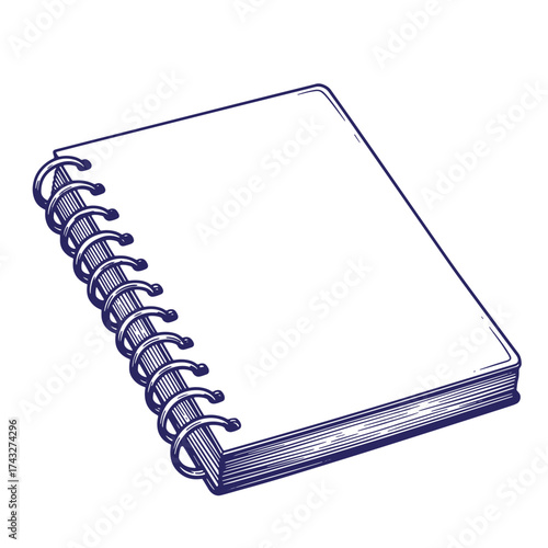 Vintage hand-drawn illustration of a blank spiral notebook with a clear white page design.