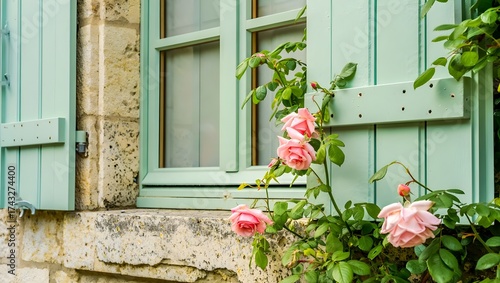 Mint green shutters with blooming garden roses on rustic stone wall — romantic French countryside window detail