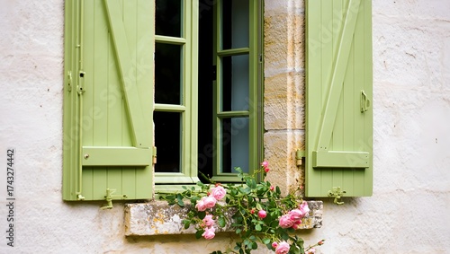 Mint green shutters with blooming garden roses on rustic stone wall — romantic French countryside window detail