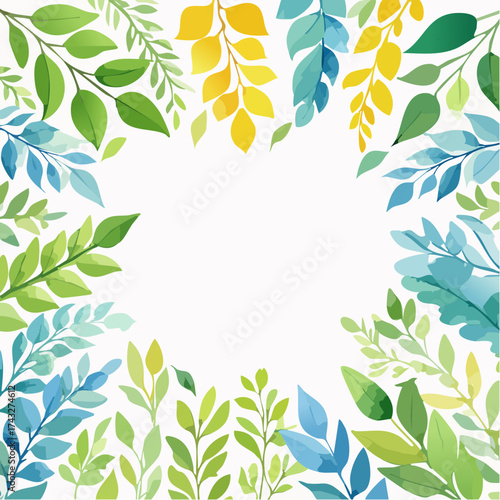 Vibrant frame of fresh green and yellow leaves with soft blue accents, evoking nature's renewal and spring's gentle breeze